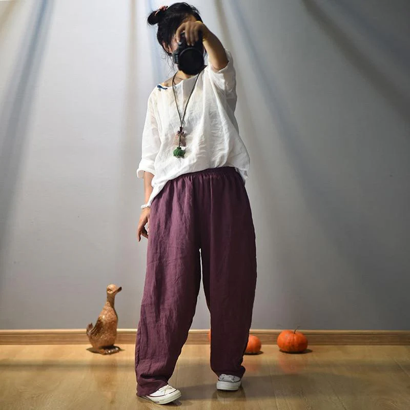 Elastic Waist Linen Trousers - YOUXIZT