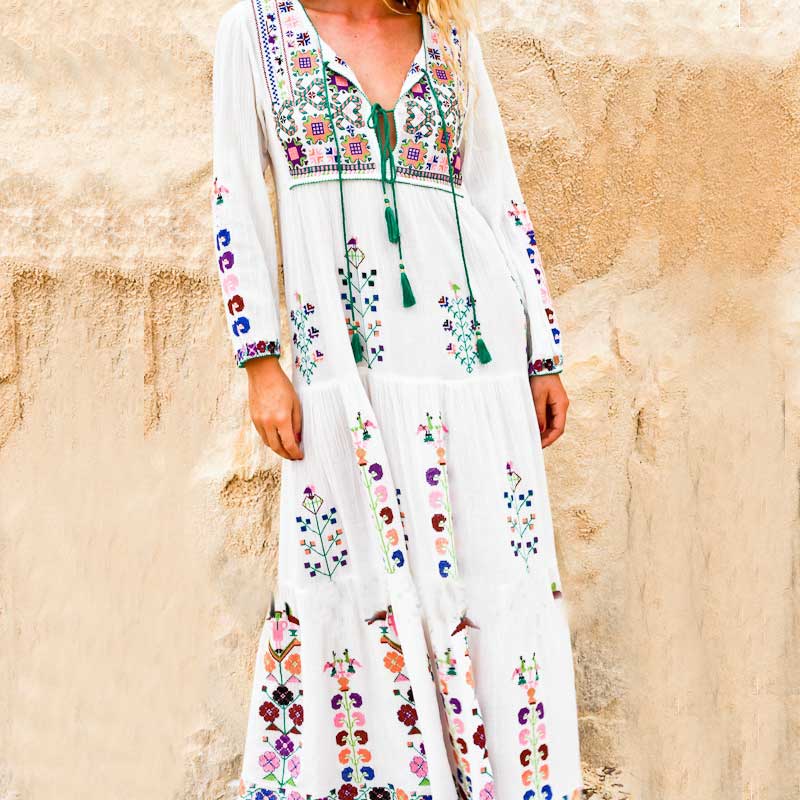 Boho Inspired Floral Embroidered Maxi Dress - YOUXIZT