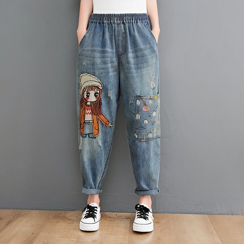 Cartoon Embroidered Patchwork Vintage Jeans - VERGITR