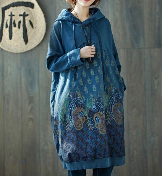 Peacock Paisley Hooded Sweater Dress - YOUXIZT