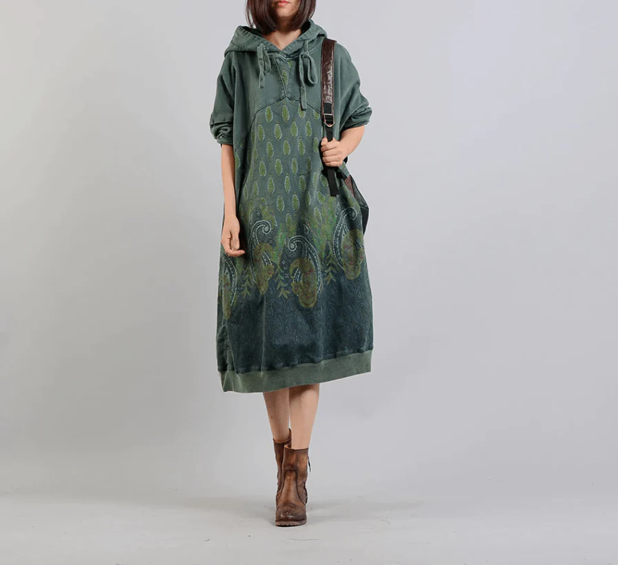 Peacock Paisley Hooded Sweater Dress - YOUXIZT