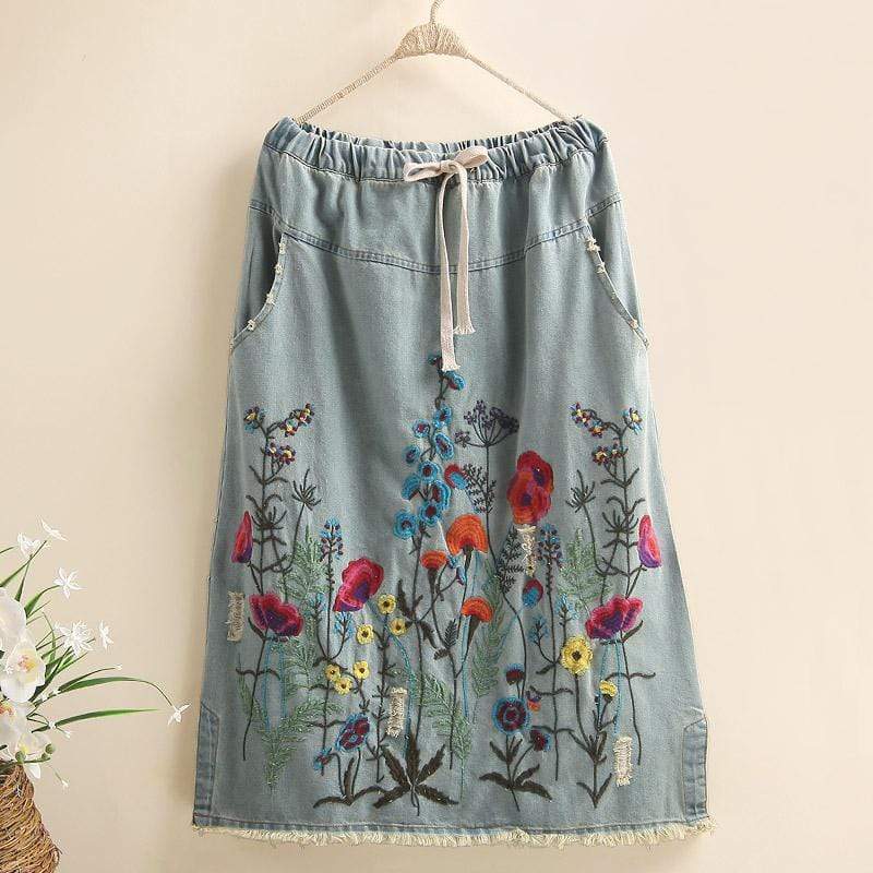 Floral Embroidered Denim Midi Skirt - VERGITR