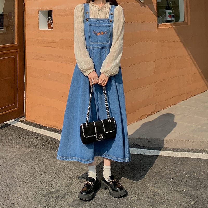 Blue Denim Midi Overall Dress - YOUXIZT