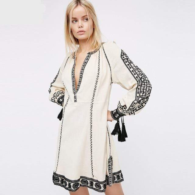 Gemini Embroidery V-Neck Boho Mini Dress - YOUXIZT