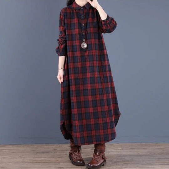 Vintage Loose Cotton Plaid Dress - YOUXIZT