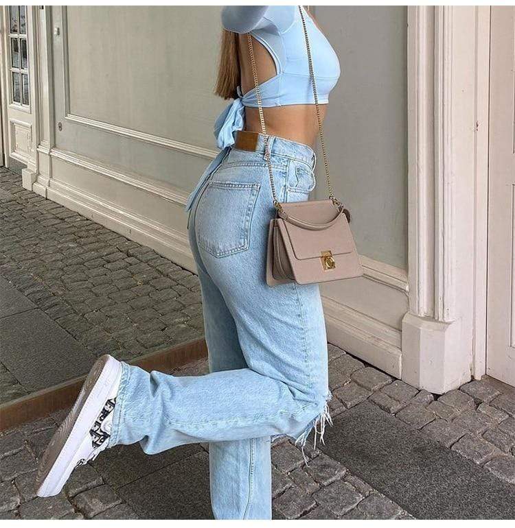 Ripped Knees Light Blue Boyfriend Jeans - YOUXIZT