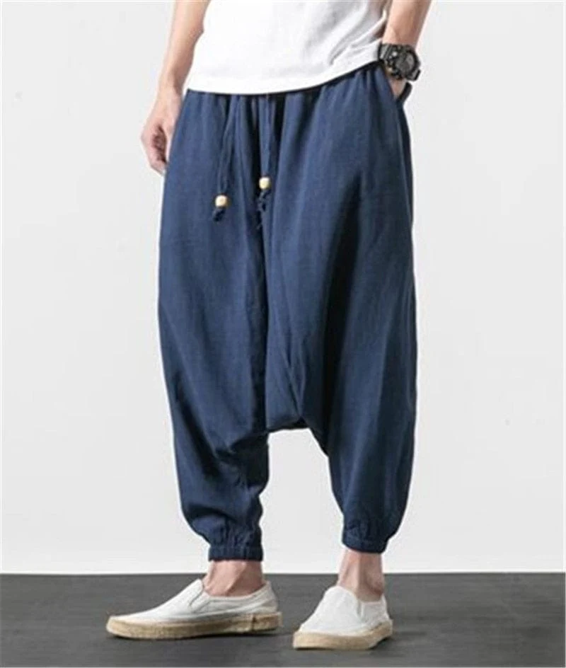 Cotton and Linen Drop Crotch Harem Pants - YOUXIZT