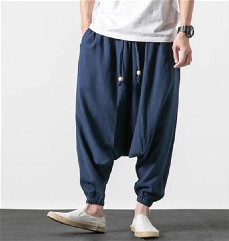 Cotton and Linen Drop Crotch Harem Pants - YOUXIZT