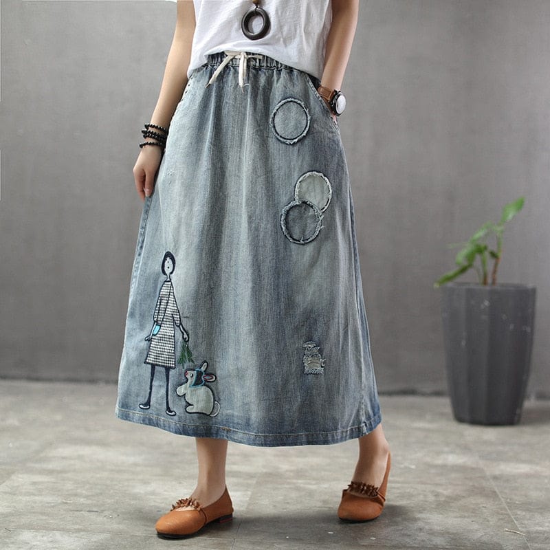 Embroidered Patchwork Kawaii Denim Skirt - VERGITR