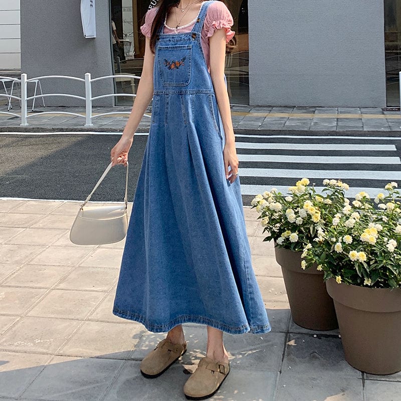 Blue Denim Midi Overall Dress - YOUXIZT
