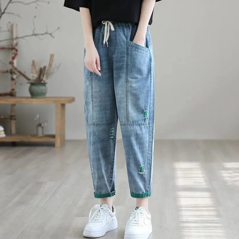 Ripped Harem High Waist Denim Pants - VERGITR