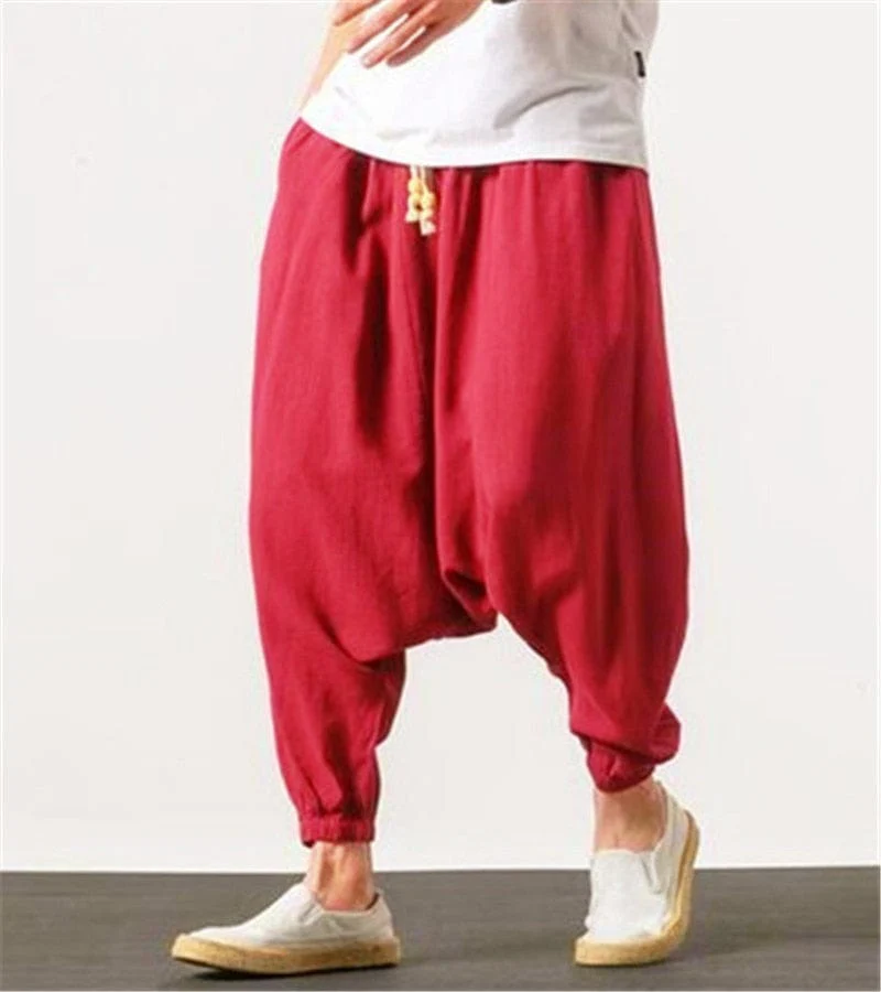 Cotton and Linen Drop Crotch Harem Pants - YOUXIZT