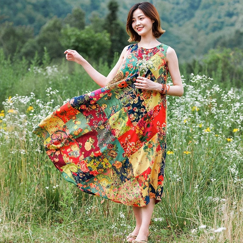 Patchwork Colourful Cotton Hippie Dress - VERGITR
