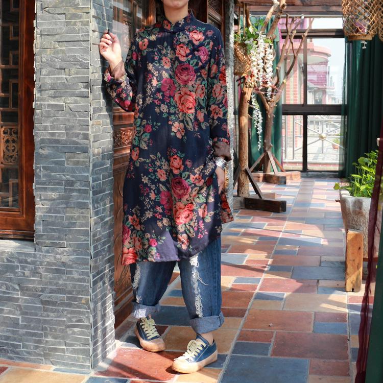 Mandarin Collar Floral Long Shirt | Hippie - YOUXIZT