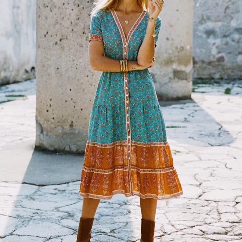Boho Hippie Floral Printed Midi Dress - YOUXIZT