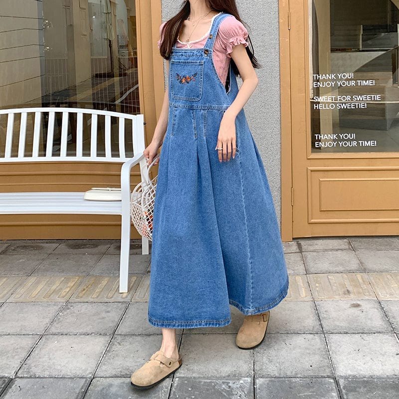 Blue Denim Midi Overall Dress - VERGITR