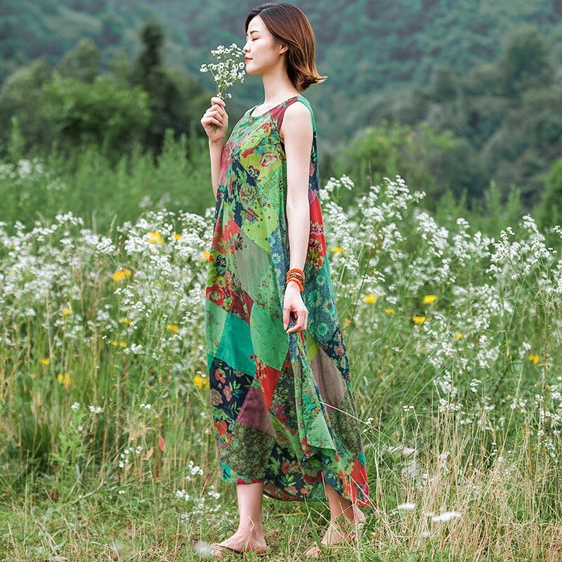 Patchwork Colourful Cotton Hippie Dress - YOUXIZT