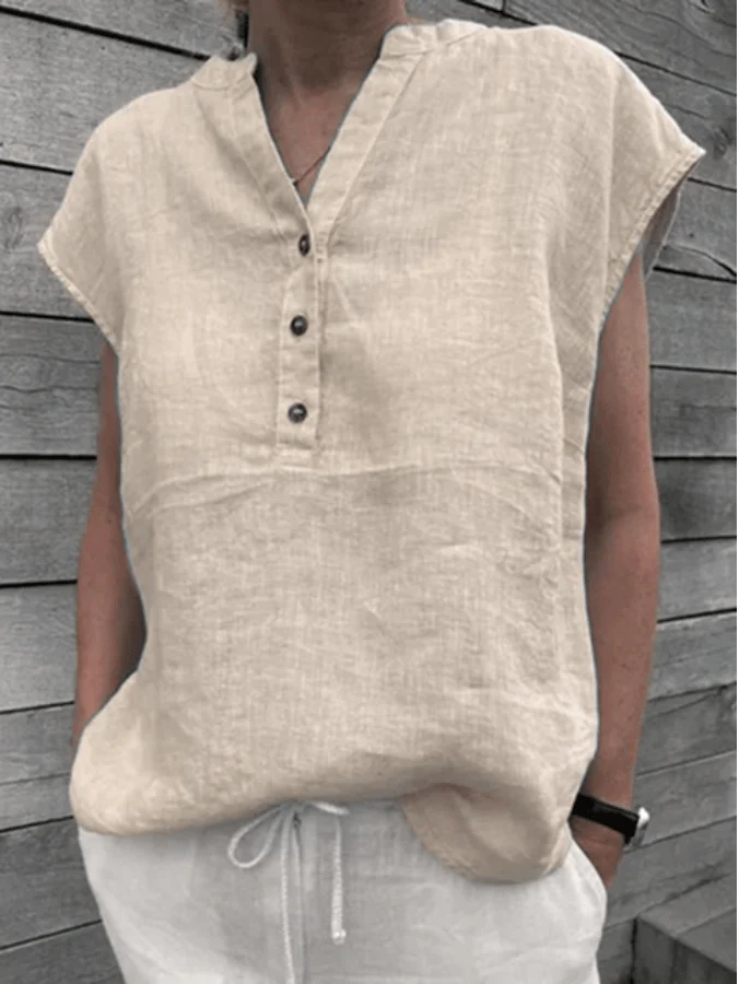 Short Sleeve Cotton Linen V Neck Blouse - YOUXIZT