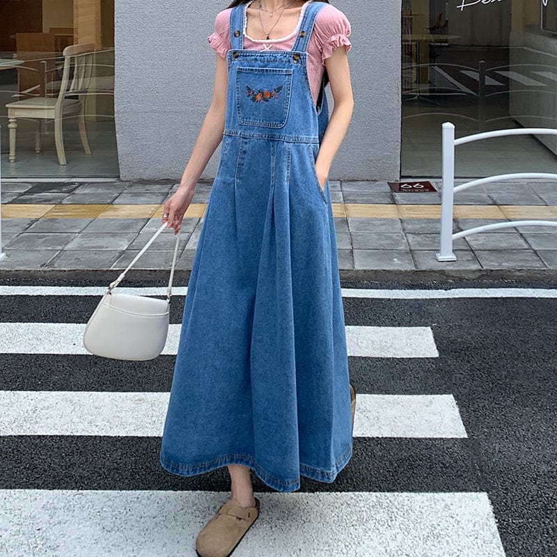 Blue Denim Midi Overall Dress - VERGITR