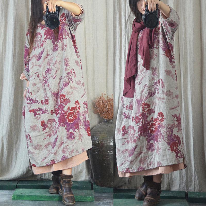 National Chinese V-neck Cotton Linen Dress - VERGITR