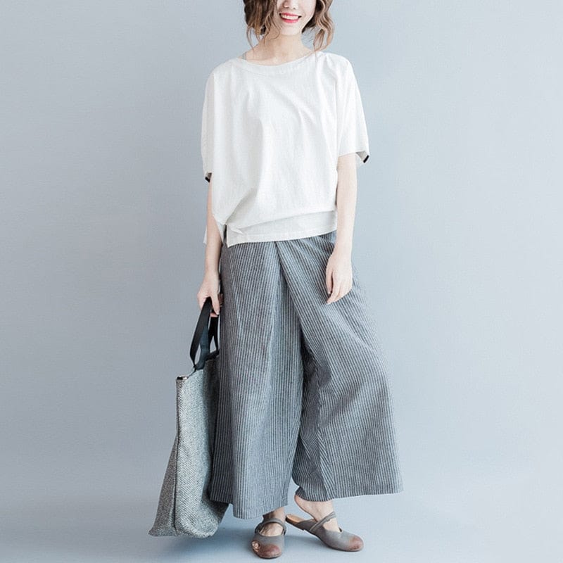 White and Grey Striped Wide Leg Pants - YOUXIZT
