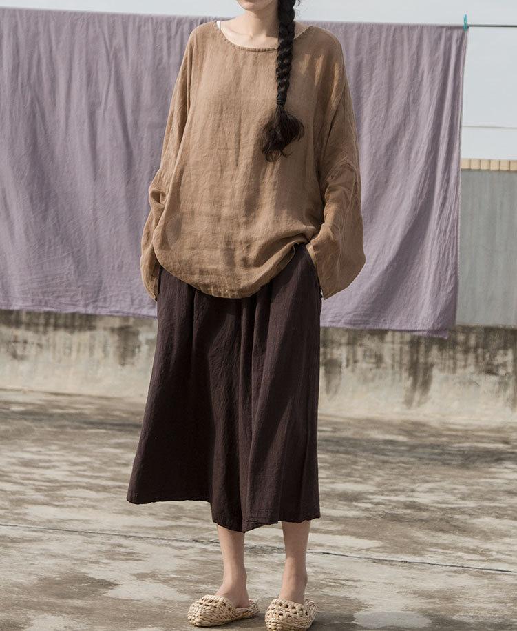 Khaki Long Sleeve Linen Shirt - VERGITR