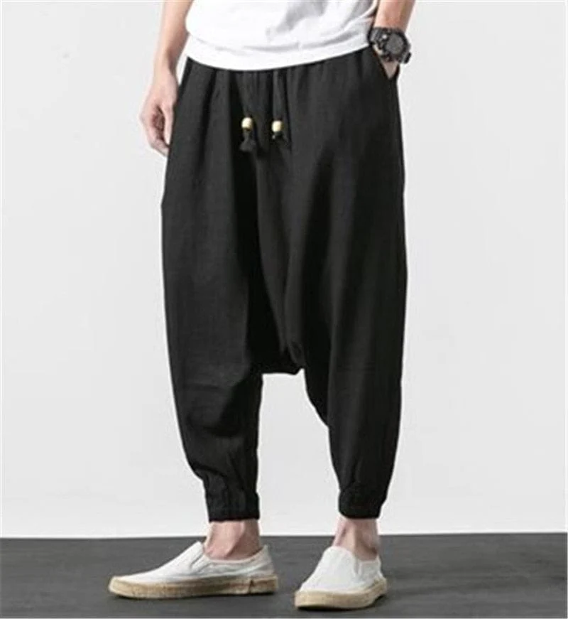 Cotton and Linen Drop Crotch Harem Pants - YOUXIZT