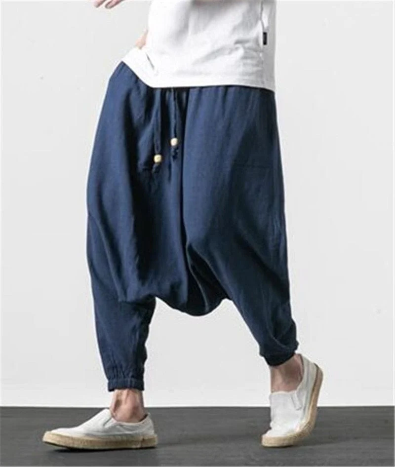 Cotton and Linen Drop Crotch Harem Pants - YOUXIZT