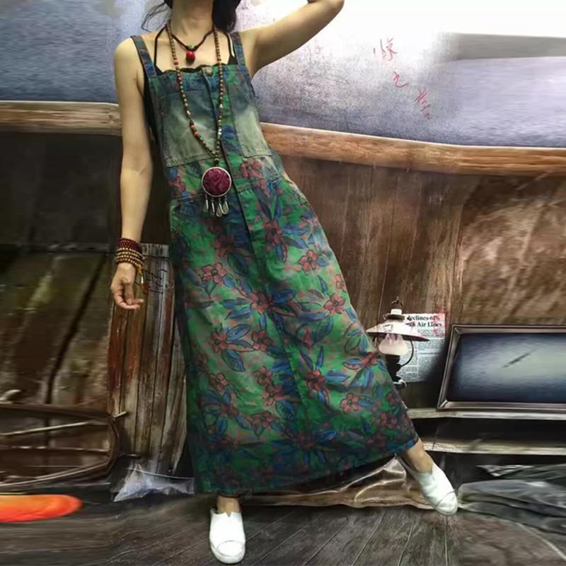 Floral Long Denim Overall Dress - YOUXIZT