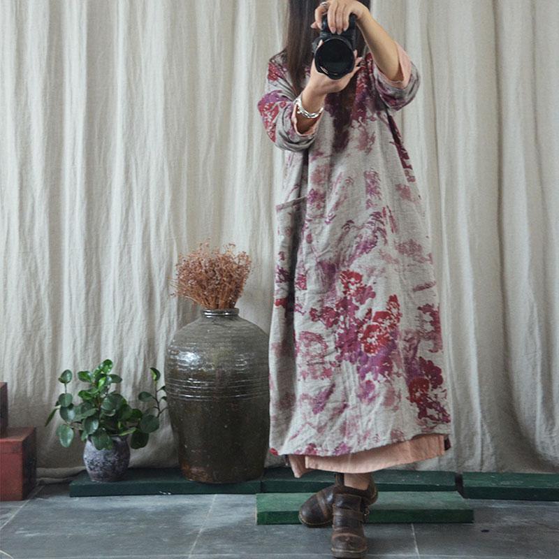 National Chinese V-neck Cotton Linen Dress - VERGITR