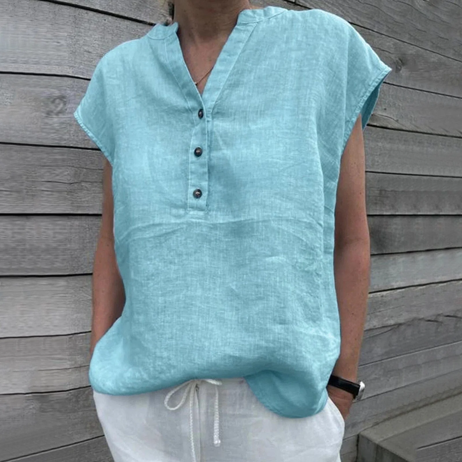 Short Sleeve Cotton Linen V Neck Blouse - YOUXIZT