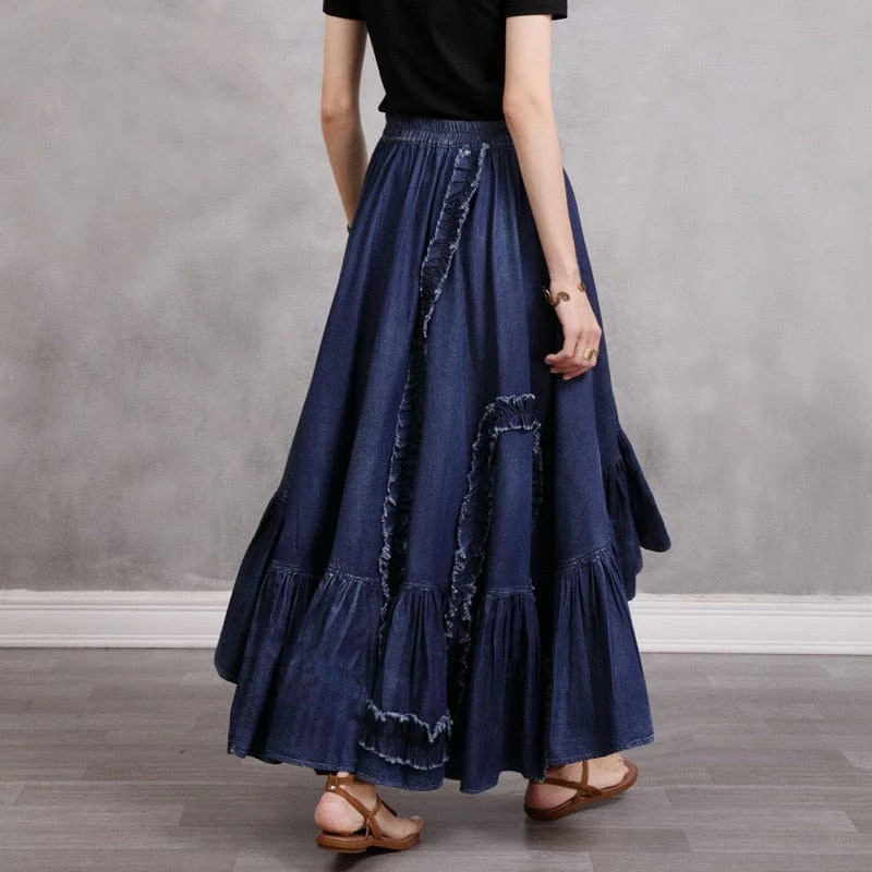 Gypsy Style Patchwork Pleated Denim Skirt - YOUXIZT