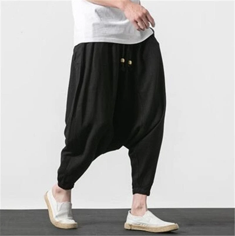 Cotton and Linen Drop Crotch Harem Pants - YOUXIZT