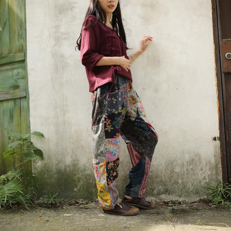 Floral Patchwork Linen Hippie Pants - YOUXIZT