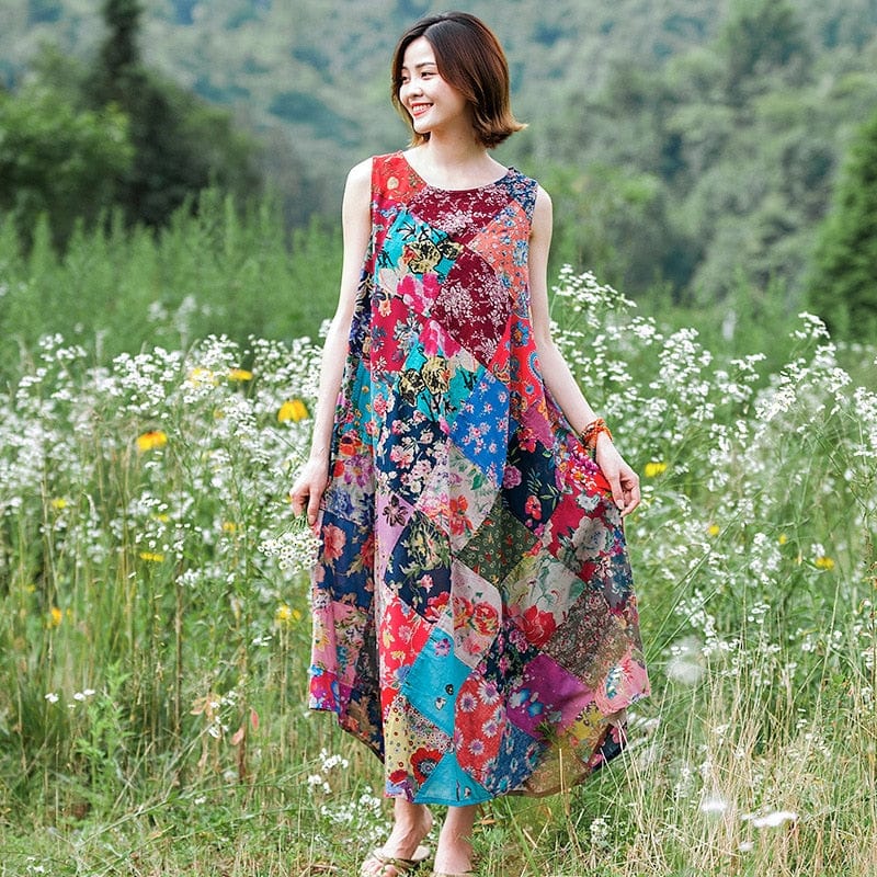 Patchwork Colourful Cotton Hippie Dress - YOUXIZT