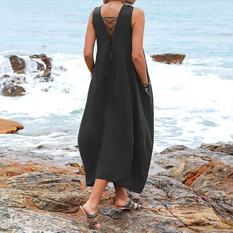 Casual V-neck Sleeveless Midi Dress - YOUXIZT