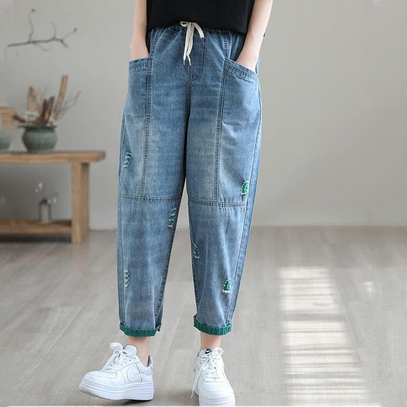Ripped Harem High Waist Denim Pants - VERGITR