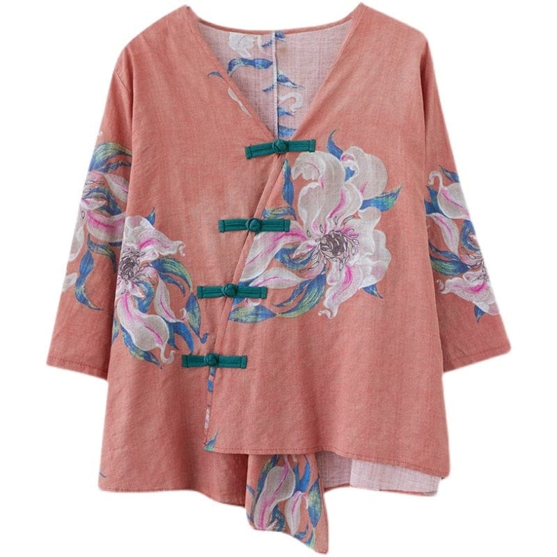 Floral Cotton Linen Oversized Blouse - VERGITR
