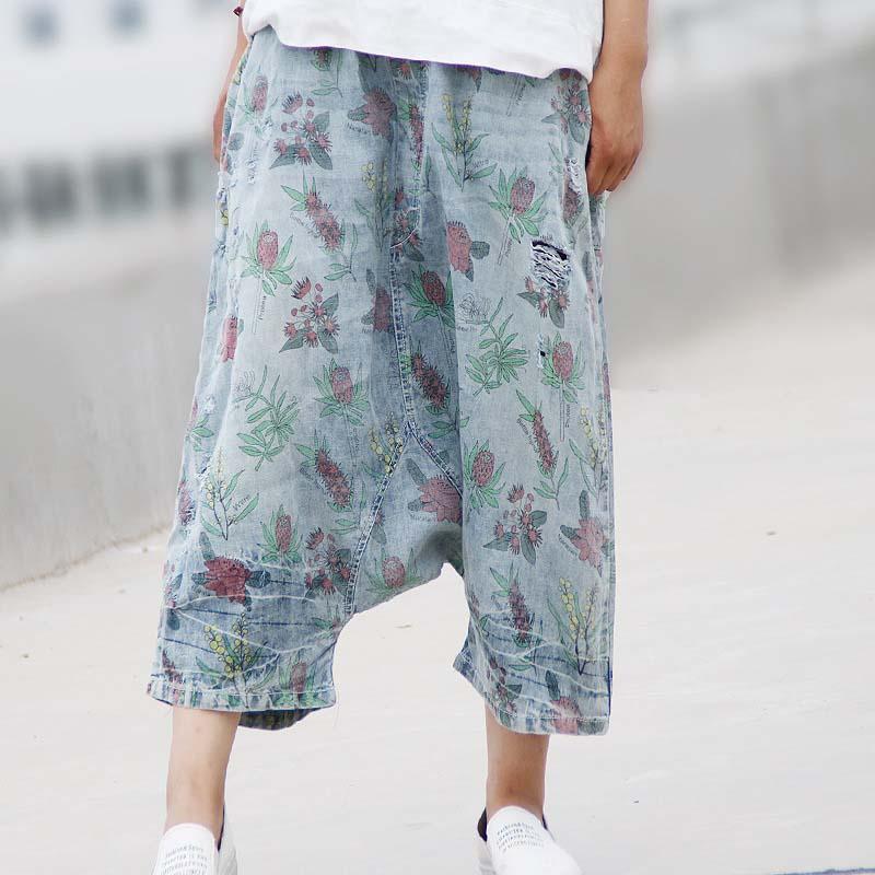 3/4 Length Floral Denim Harem Pants - YOUXIZT