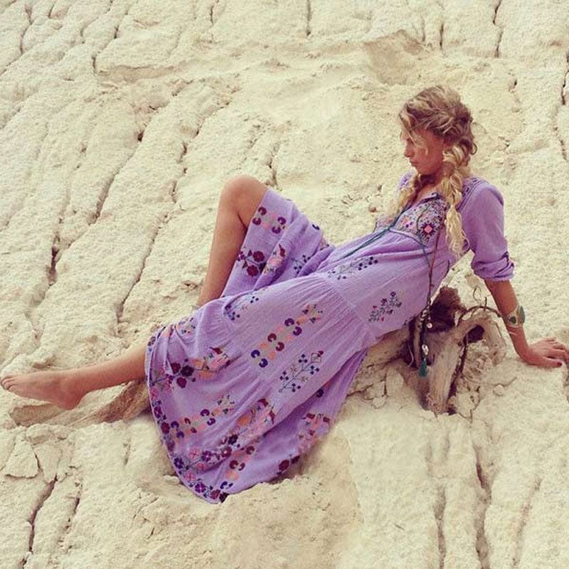 Boho Inspired Floral Embroidered Maxi Dress - YOUXIZT