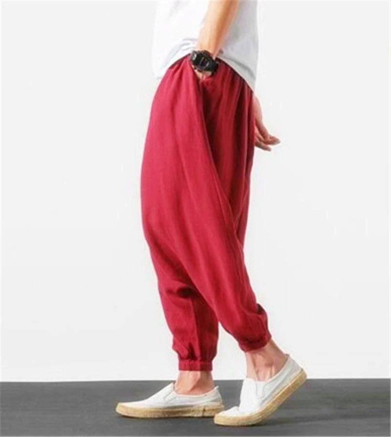 Cotton and Linen Drop Crotch Harem Pants - YOUXIZT