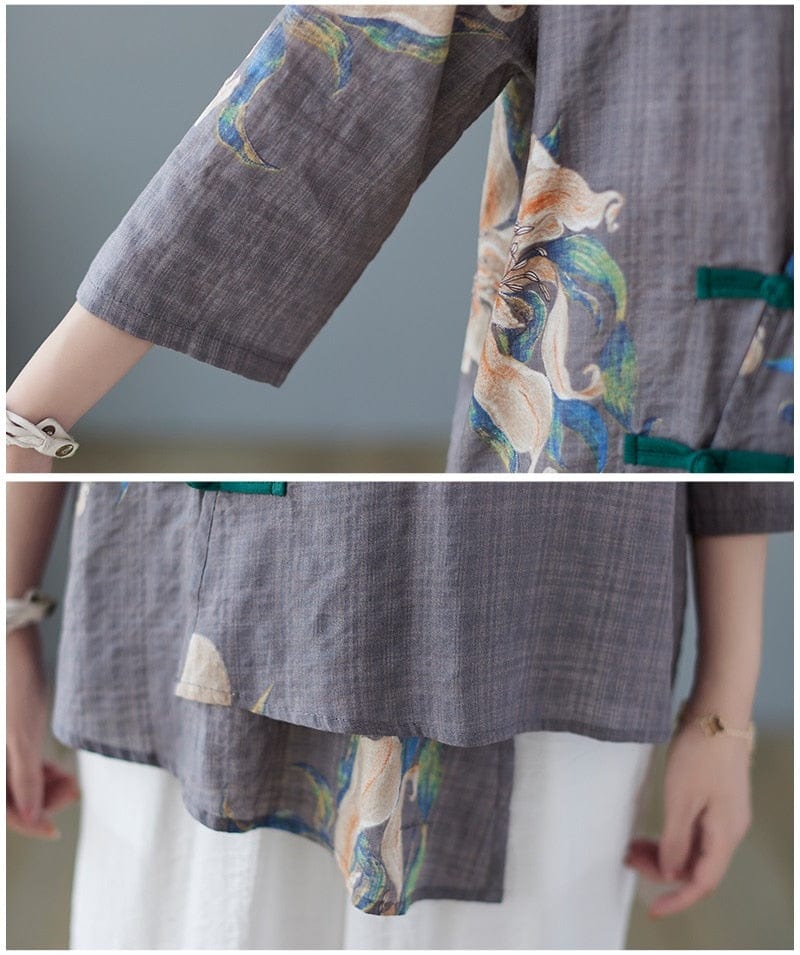 Floral Cotton Linen Oversized Blouse - VERGITR