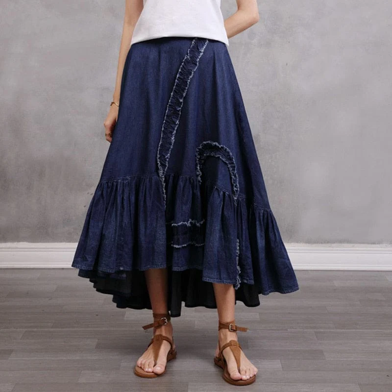 Gypsy Style Patchwork Pleated Denim Skirt - VERGITR