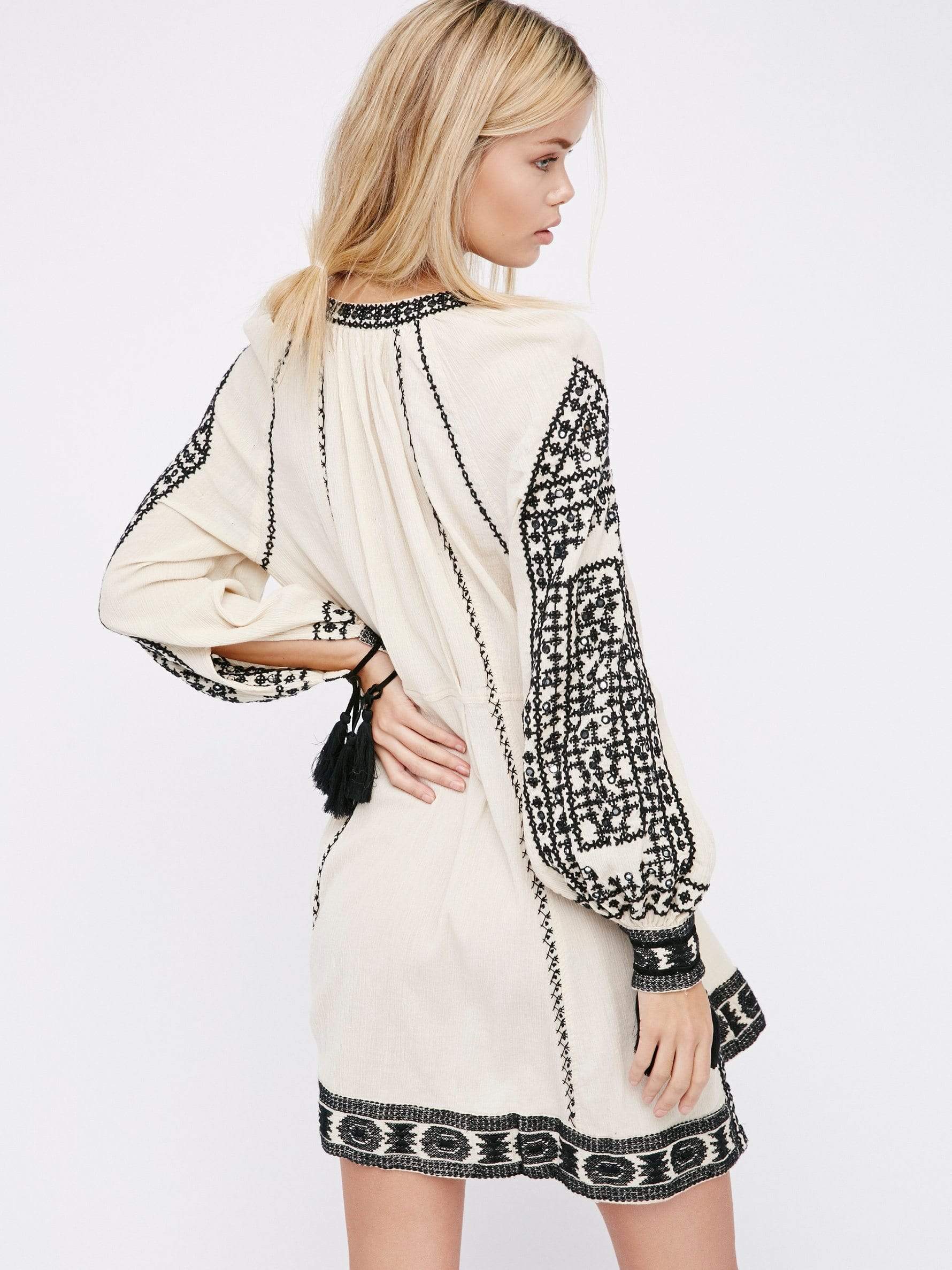 Gemini Embroidery V-Neck Boho Mini Dress - YOUXIZT