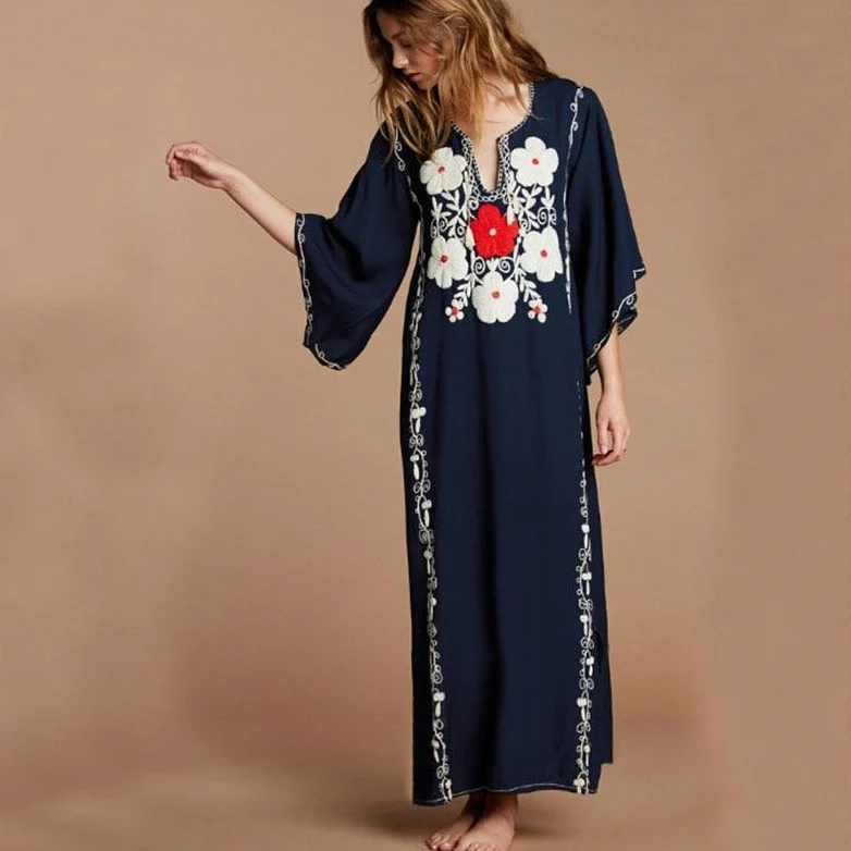 Boho Chic Floral Embroidered Kaftan Dress - YOUXIZT