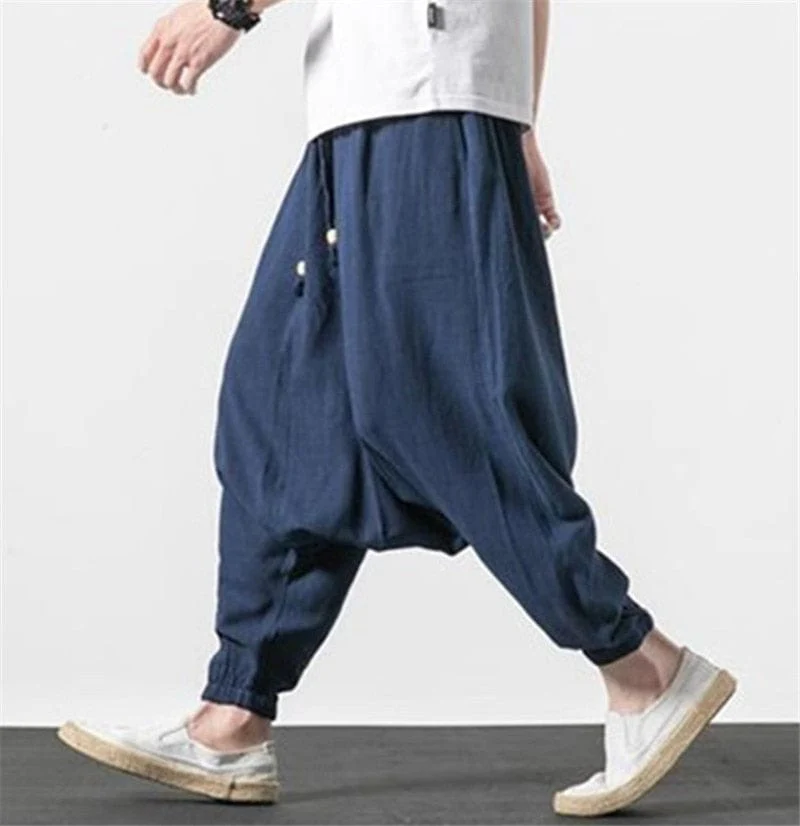 Cotton and Linen Drop Crotch Harem Pants - YOUXIZT