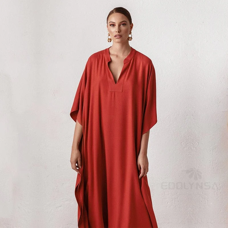 Long Red V-neck Maxi Dress - YOUXIZT