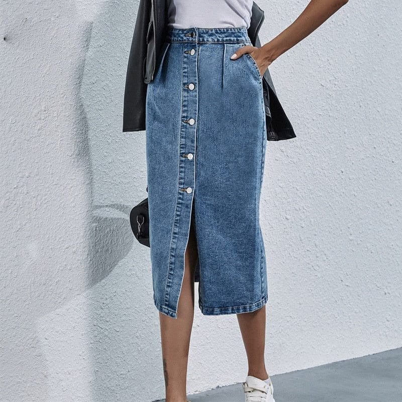 Button Front High Waist Denim Skirt - VERGITR