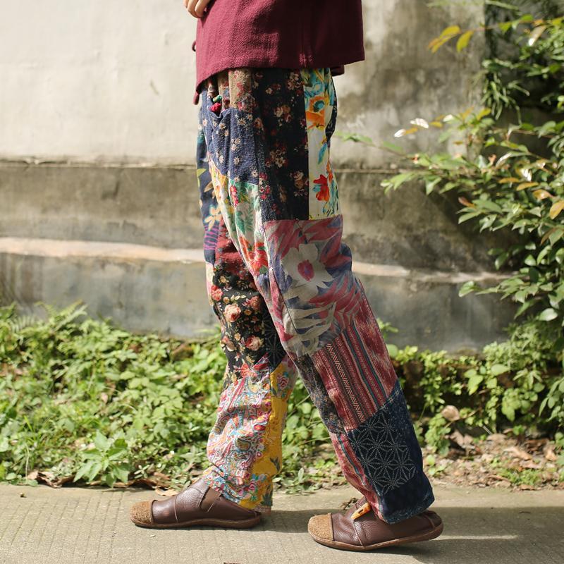 Floral Patchwork Linen Hippie Pants - YOUXIZT