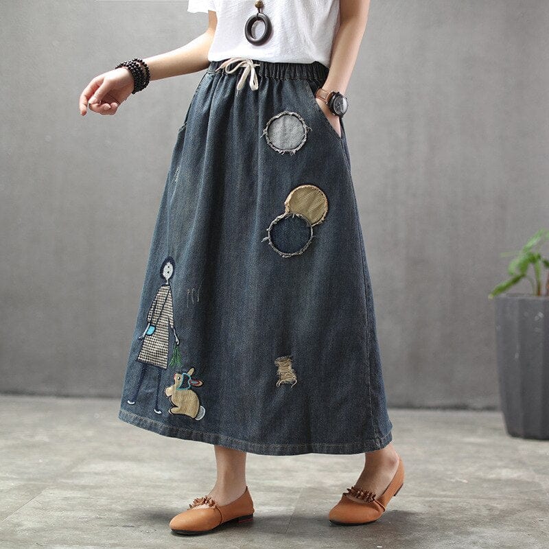 Embroidered Patchwork Kawaii Denim Skirt - YOUXIZT